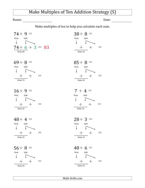 The Make Multiples of Ten Addition Strategy (S) Math Worksheet