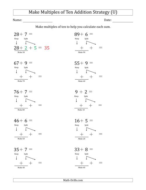 The Make Multiples of Ten Addition Strategy (U) Math Worksheet