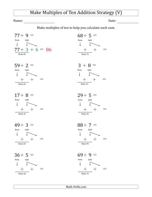 The Make Multiples of Ten Addition Strategy (V) Math Worksheet