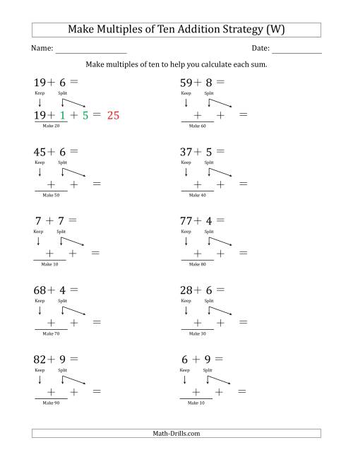 The Make Multiples of Ten Addition Strategy (W) Math Worksheet