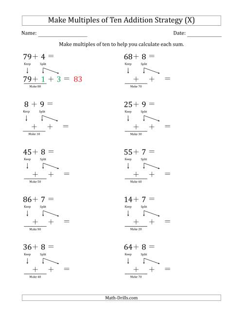 The Make Multiples of Ten Addition Strategy (X) Math Worksheet