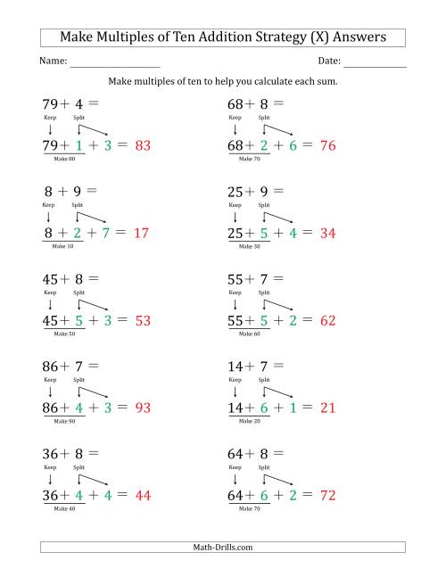 The Make Multiples of Ten Addition Strategy (X) Math Worksheet Page 2