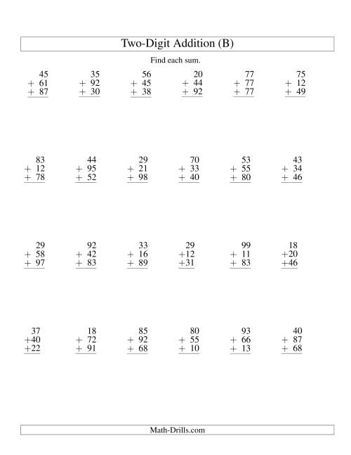 The Column Addition -- Three Two-Digit Numbers (B) Math Worksheet