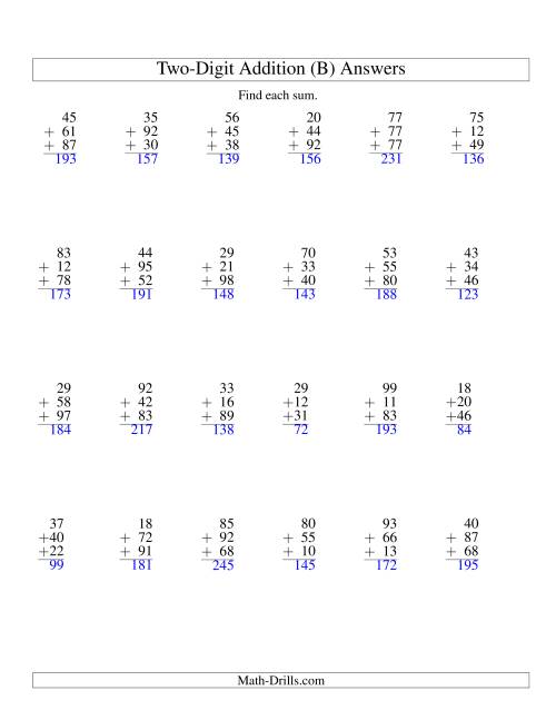 The Column Addition -- Three Two-Digit Numbers (B) Math Worksheet Page 2