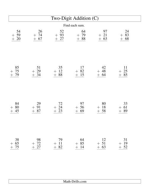 The Column Addition -- Three Two-Digit Numbers (C) Math Worksheet