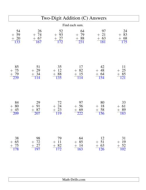 The Column Addition -- Three Two-Digit Numbers (C) Math Worksheet Page 2