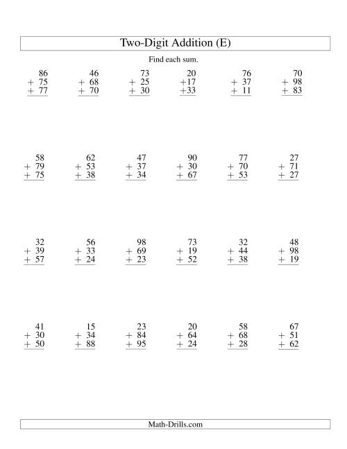 The Column Addition -- Three Two-Digit Numbers (E) Math Worksheet