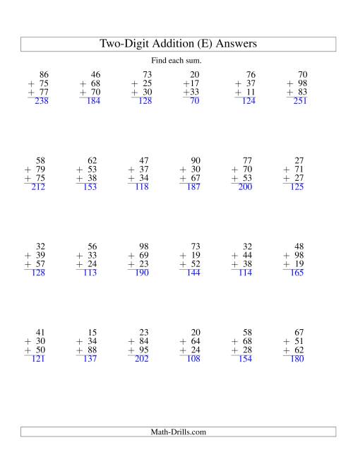 The Column Addition -- Three Two-Digit Numbers (E) Math Worksheet Page 2