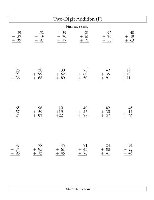 The Column Addition -- Three Two-Digit Numbers (F) Math Worksheet