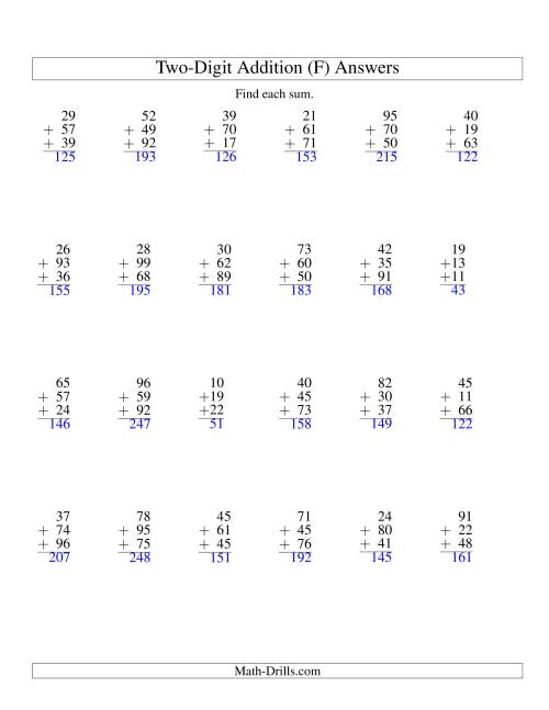 The Column Addition -- Three Two-Digit Numbers (F) Math Worksheet Page 2
