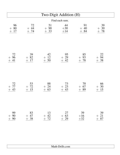 The Column Addition -- Three Two-Digit Numbers (H) Math Worksheet
