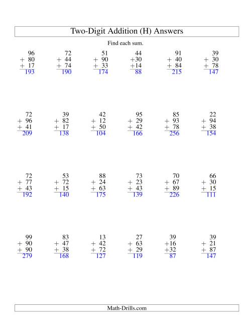 The Column Addition -- Three Two-Digit Numbers (H) Math Worksheet Page 2