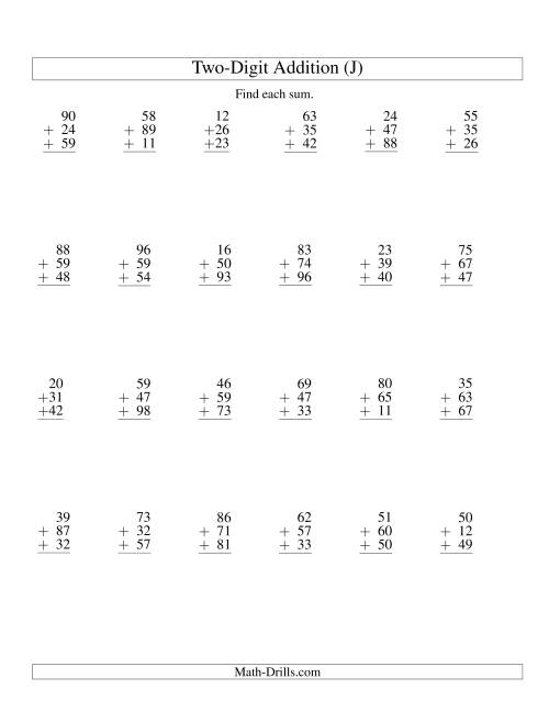 The Column Addition -- Three Two-Digit Numbers (J) Math Worksheet
