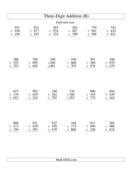 The Column Addition -- Three Three-Digit Numbers (B) Math Worksheet
