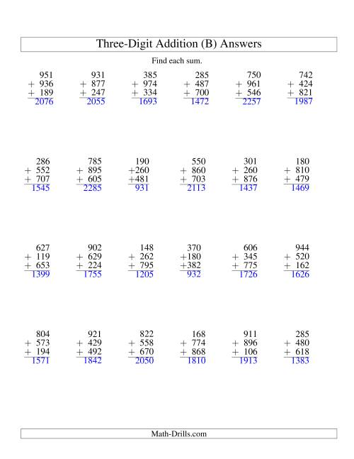 The Column Addition -- Three Three-Digit Numbers (B) Math Worksheet Page 2
