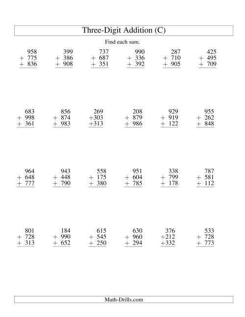 The Column Addition -- Three Three-Digit Numbers (C) Math Worksheet