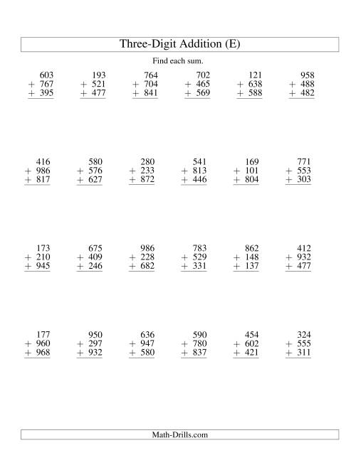 The Column Addition -- Three Three-Digit Numbers (E) Math Worksheet