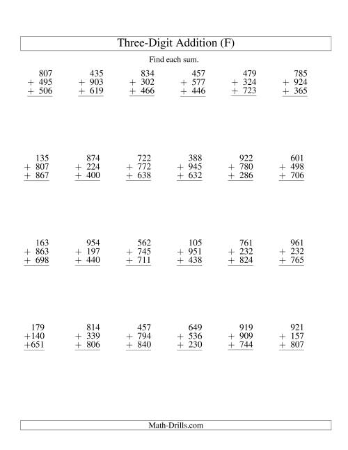 The Column Addition -- Three Three-Digit Numbers (F) Math Worksheet
