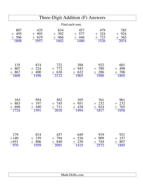 The Column Addition -- Three Three-Digit Numbers (F) Math Worksheet Page 2