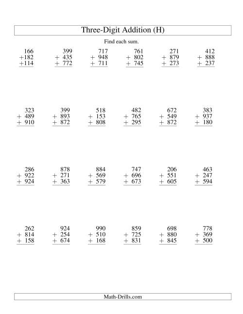 The Column Addition -- Three Three-Digit Numbers (H) Math Worksheet