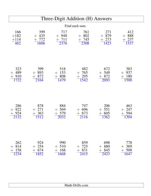 The Column Addition -- Three Three-Digit Numbers (H) Math Worksheet Page 2