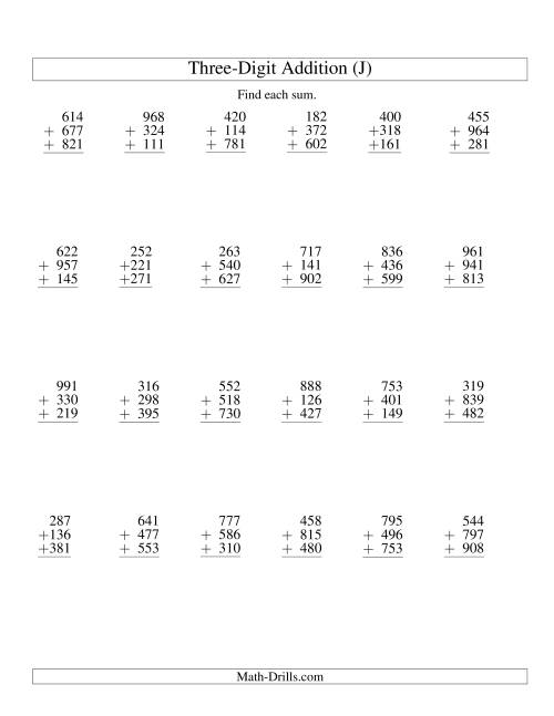 The Column Addition -- Three Three-Digit Numbers (J) Math Worksheet