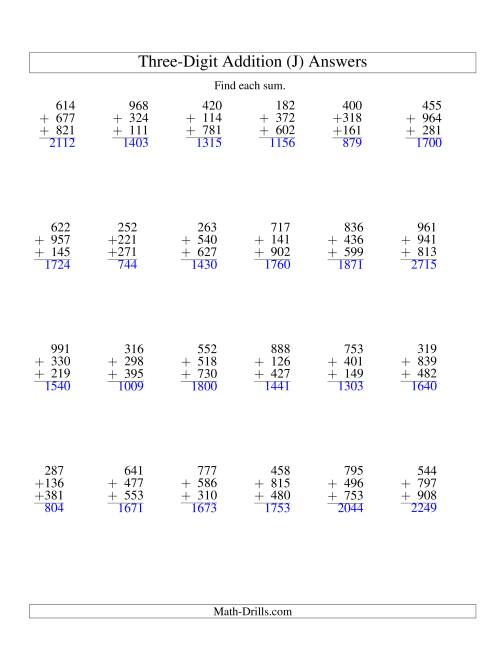 The Column Addition -- Three Three-Digit Numbers (J) Math Worksheet Page 2