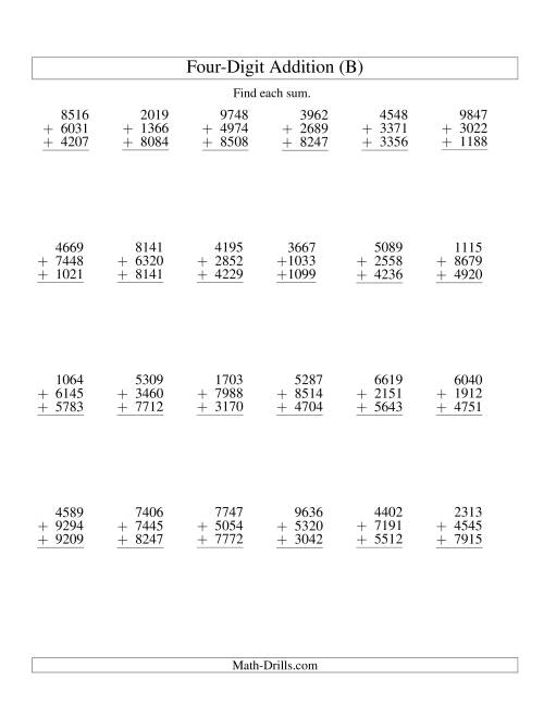 The Column Addition -- Three Four-Digit Numbers (B) Math Worksheet