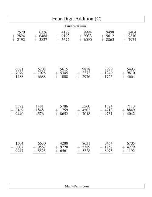 The Column Addition -- Three Four-Digit Numbers (C) Math Worksheet
