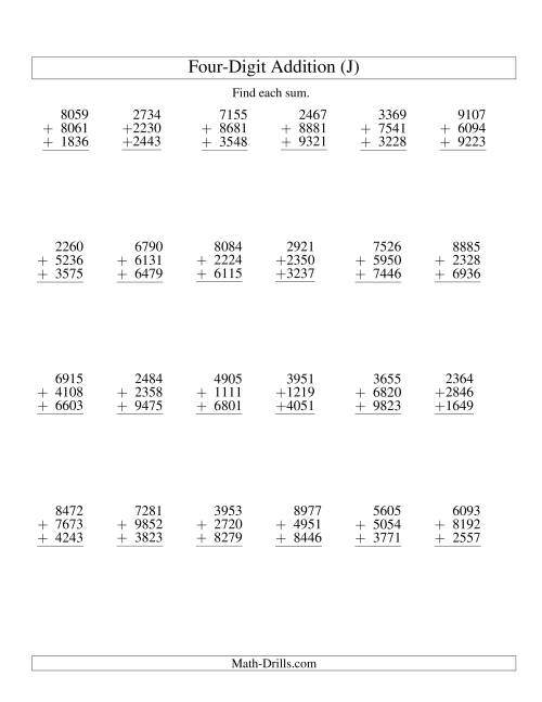 The Column Addition -- Three Four-Digit Numbers (J) Math Worksheet