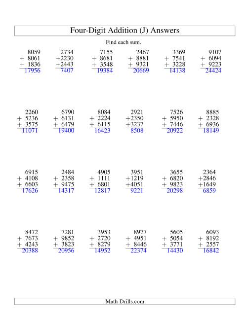 The Column Addition -- Three Four-Digit Numbers (J) Math Worksheet Page 2