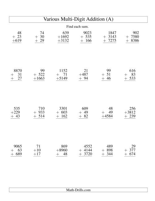 The Column Addition -- Three Various-Digit Numbers (A) Math Worksheet