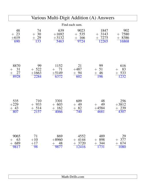 The Column Addition -- Three Various-Digit Numbers (A) Math Worksheet Page 2