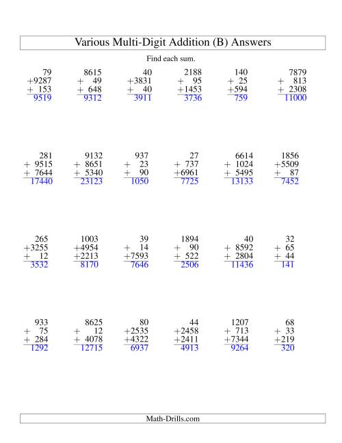 The Column Addition -- Three Various-Digit Numbers (B) Math Worksheet Page 2