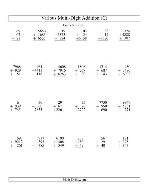 The Column Addition -- Three Various-Digit Numbers (C) Math Worksheet