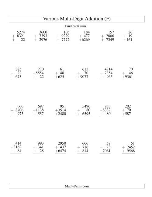 The Column Addition -- Three Various-Digit Numbers (F) Math Worksheet