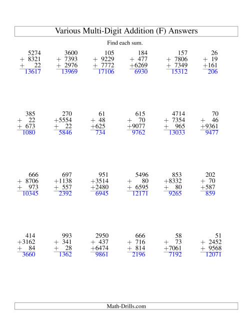 The Column Addition -- Three Various-Digit Numbers (F) Math Worksheet Page 2