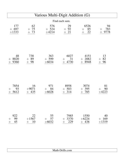 The Column Addition -- Three Various-Digit Numbers (G) Math Worksheet