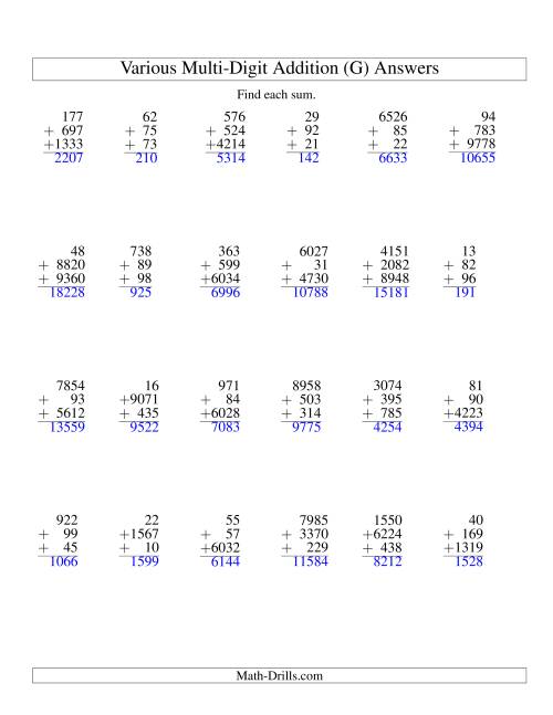 The Column Addition -- Three Various-Digit Numbers (G) Math Worksheet Page 2