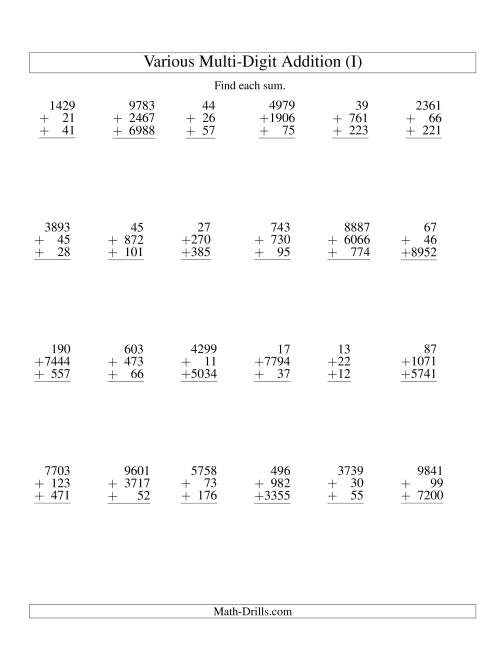 The Column Addition -- Three Various-Digit Numbers (I) Math Worksheet