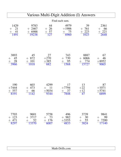 The Column Addition -- Three Various-Digit Numbers (I) Math Worksheet Page 2