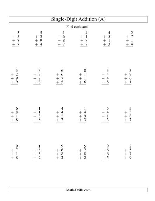 The Column Addition -- Four One-Digit Numbers (A) Math Worksheet