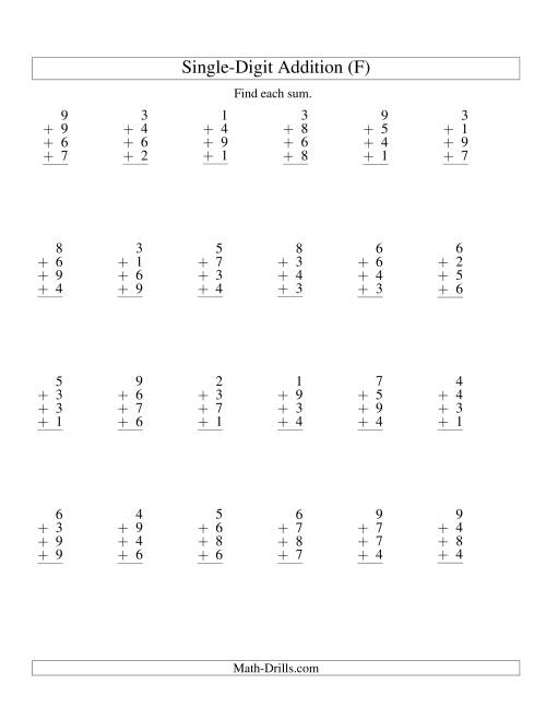The Column Addition -- Four One-Digit Numbers (F) Math Worksheet