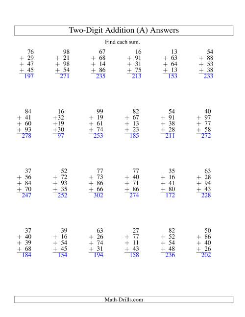 The Column Addition -- Four Two-Digit Numbers (A) Math Worksheet Page 2