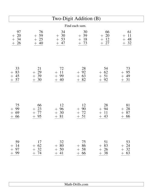 The Column Addition -- Four Two-Digit Numbers (B) Math Worksheet