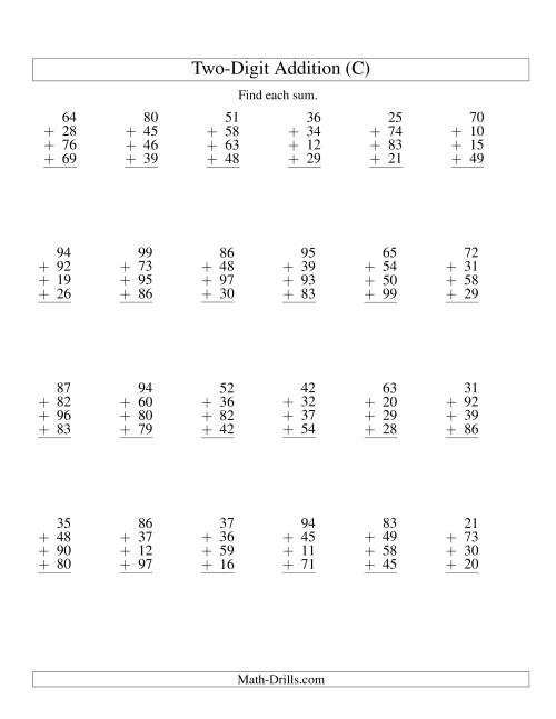 The Column Addition -- Four Two-Digit Numbers (C) Math Worksheet