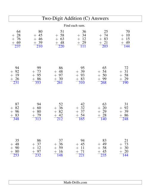The Column Addition -- Four Two-Digit Numbers (C) Math Worksheet Page 2