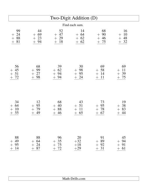 The Column Addition -- Four Two-Digit Numbers (D) Math Worksheet