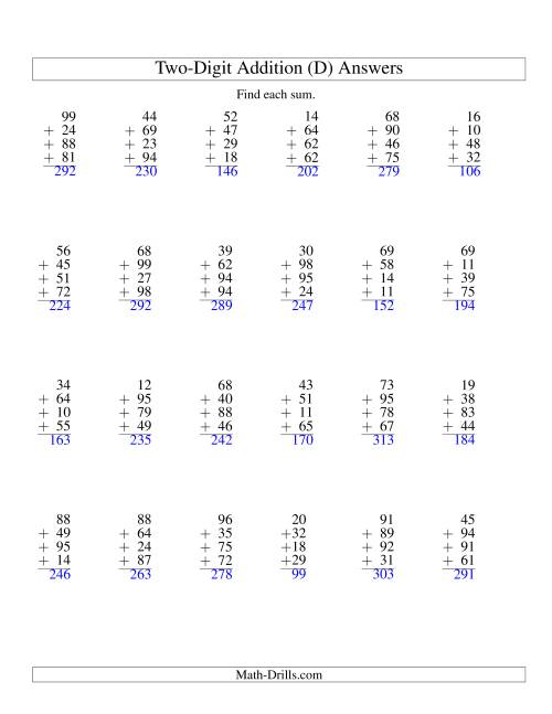 The Column Addition -- Four Two-Digit Numbers (D) Math Worksheet Page 2