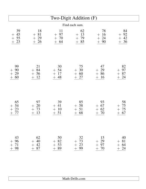 The Column Addition -- Four Two-Digit Numbers (F) Math Worksheet